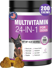 24-in-1 Dog Vitamins and Supplements 200 Ct Dogs Multivitamin Chewable Contain Chondroitin Probiotics Omega-3 Glucosamine for Dogs Skin Coat Heart Joint Gut Liver Brain Eyes Immune Support - Chicken