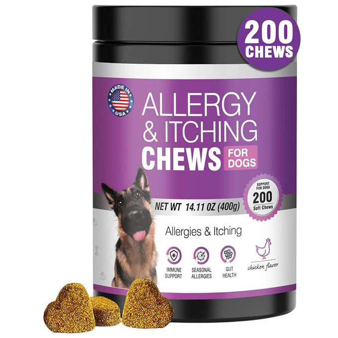 Dog Allergy Chews 200ct - Dog Allergy and Itching Skin Relief Anti Itch Aller Immune Bites for Dogs Licking Paws Treatment Relief Itchy Chew Probiotics Vitamins for Skin and Coat Allergies - Chicken